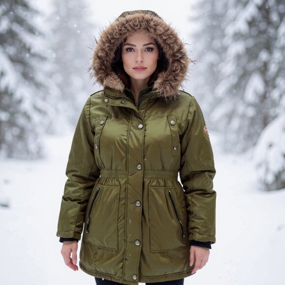 Madden NYC Jackets & Blazers - Madden NYC Women’s Olive Faux Fur Hooded Parka Sherpa Lined Winter Coat